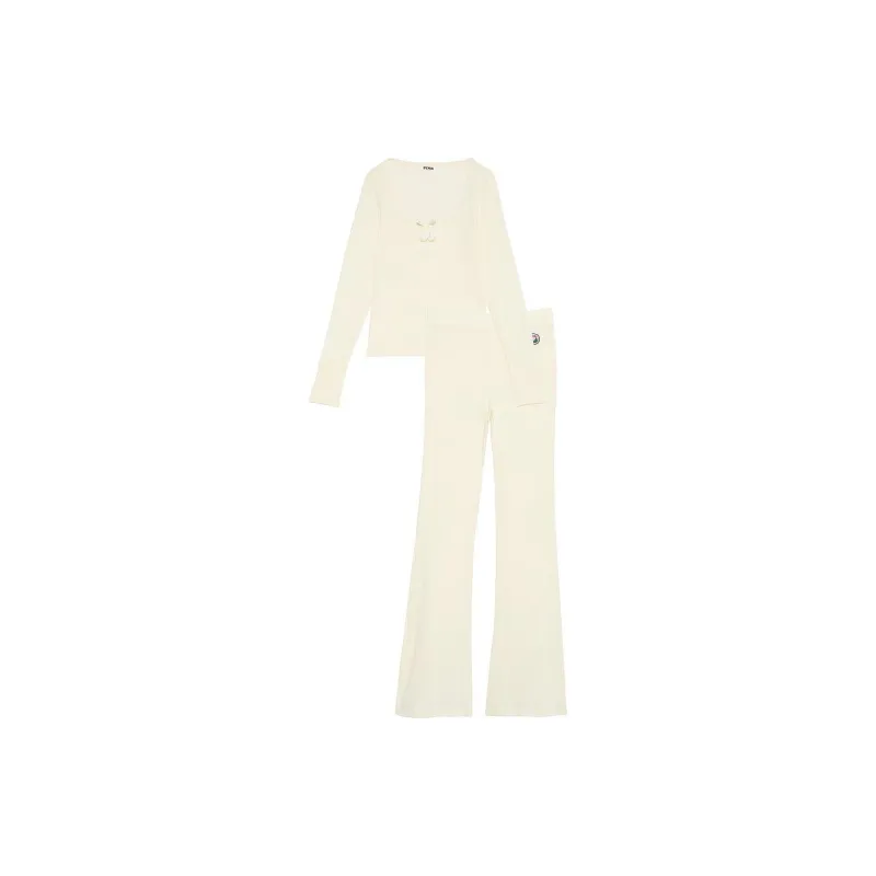 Victoria's Secret PINK Powder Puff Cotton Long-Sleeve Flare P/C Pajama Set Women's Yellow-0