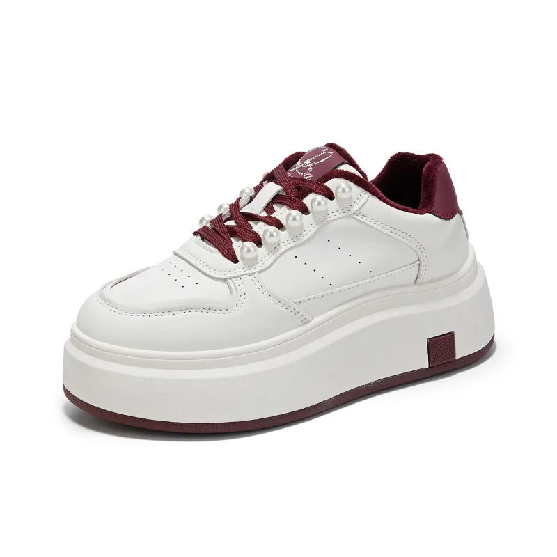 La Chapelle Height Increasing Fleece Lined White Sneakers Low Top Skateboard Shoes Women's Ankara Red-0