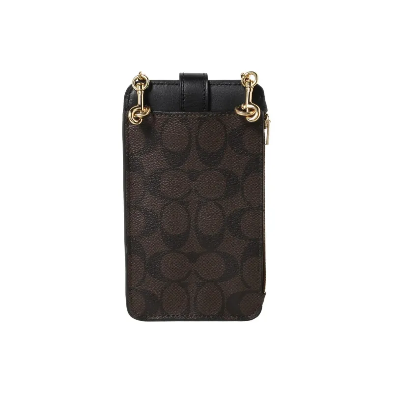COACH Canvas With Leather One Shoulder Crossbody Cell Phone Pouch Women's Brown Black-3
