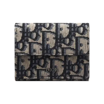 DIOR Cow Leather Card Holder Wallet Women's Beige/Black