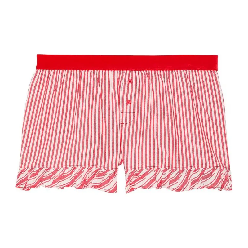 Victoria's Secret PINK Festive Flannel Velvet-Trim Boxy Pajama Shorts /BVS Pajama Pants Women's Vermilion Stripes-0