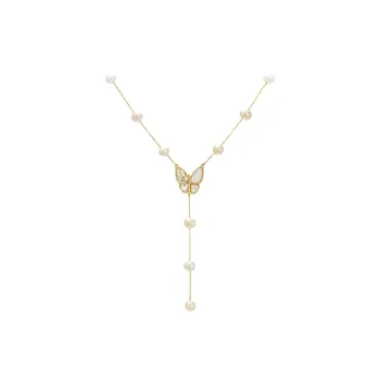 NATURALLYJOJO Copper Freshwater Pearl Zircon Necklaces Women's Gold/White