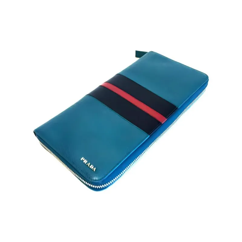 PRADA Cross Grain Cow Leather Long Wallet Clutch Large Size Men's Jasper+Black/Red Stripes-1