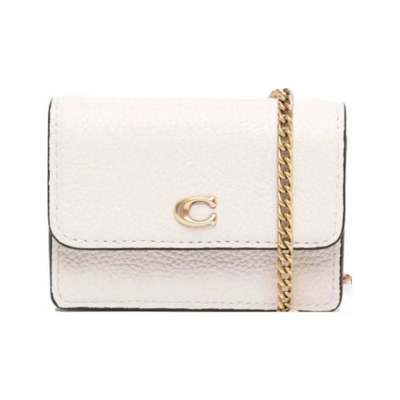 COACH Flap Card Case Leather Shoulder Bag, Crossbody Bag Mini Women's Ecru-1