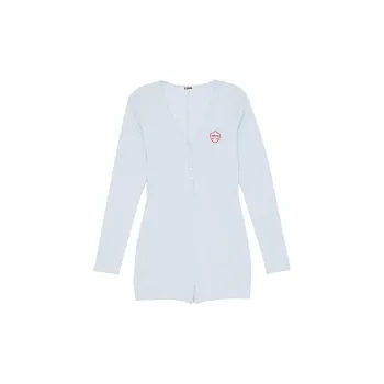 Victoria's Secret PINK Spill-the-Tea Cotton Henley Romper /HB Home Onesies Women's Hydrangea Blue