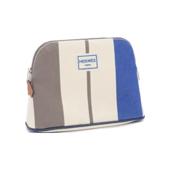 HERMES Bolide Sheepskin With Cotton Storage Bags Toiletry Bags Mini Women's Elephant Gray/Azure Blue