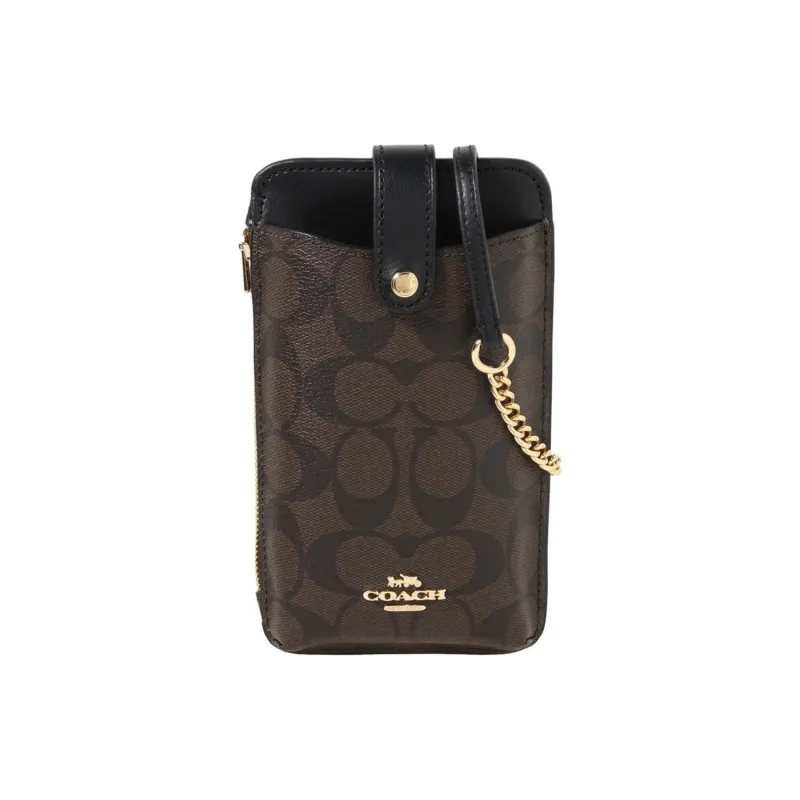 COACH Canvas With Leather One Shoulder Crossbody Cell Phone Pouch Women's Brown Black-1