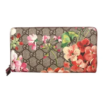 GUCCI GG Blooms Canvas Long Zip Closure Wallets Women's Ebony/Pink