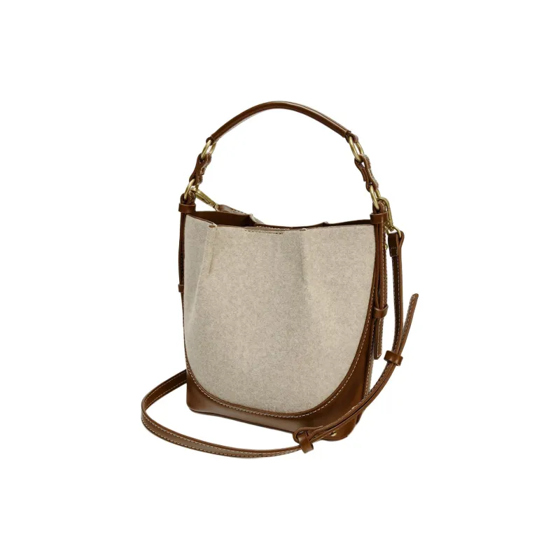 ZARA Polyester Bucket Bag, Shoulder Bag, Crossbody Bag, Handbag Large Size Women's Dark Brown Yellow-3