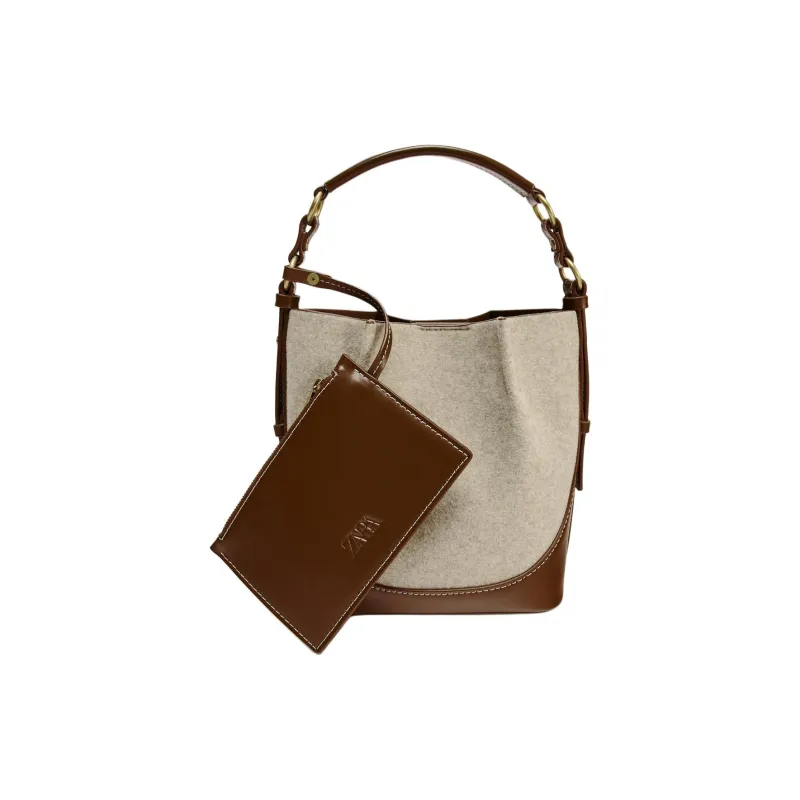 ZARA Polyester Bucket Bag, Shoulder Bag, Crossbody Bag, Handbag Large Size Women's Dark Brown Yellow-1