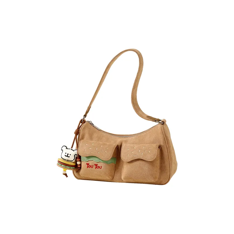 TOUTOU Maltese Collaboration Fabric Shoulder Bag Large Size Women's Cocoa Milk Tea Apricot-1