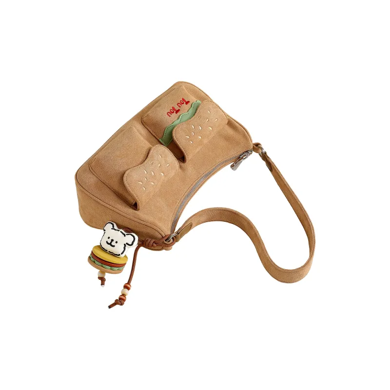 TOUTOU Maltese Collaboration Fabric Shoulder Bag Large Size Women's Cocoa Milk Tea Apricot-3