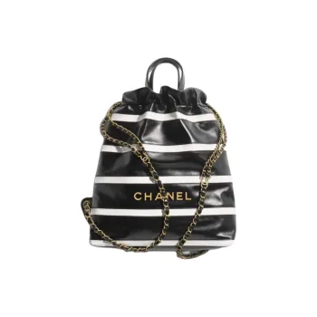 CHANEL 22Bag Cow Leather Shoulder Bag Women's Black White Stripes
