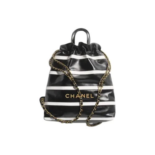 CHANEL 22Bag Cow Leather Shoulder Bag Women's Black White Stripes