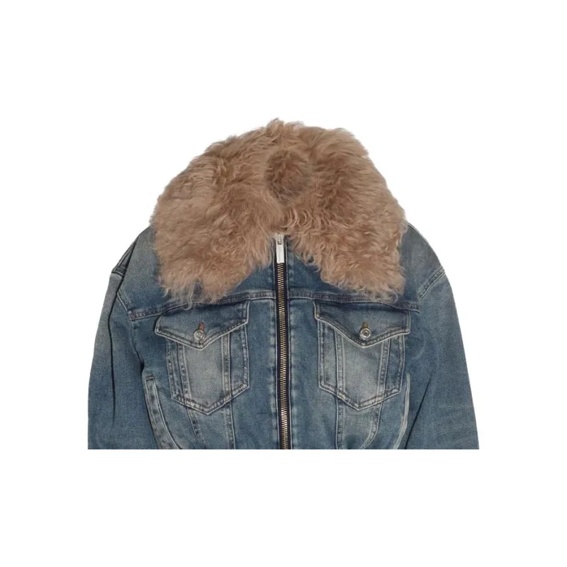 Blumarine Oversized Collar Zip Up Cropped Denim Jacket-7
