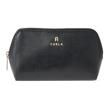 Furla Layered Cow Split Leather Makeup Bags Clutches Small Size Women's Black