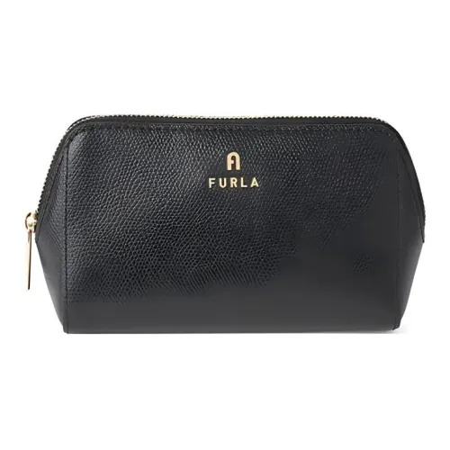 Furla Layered Cow Split Leather Makeup Bags Clutches Small Size Women's Black