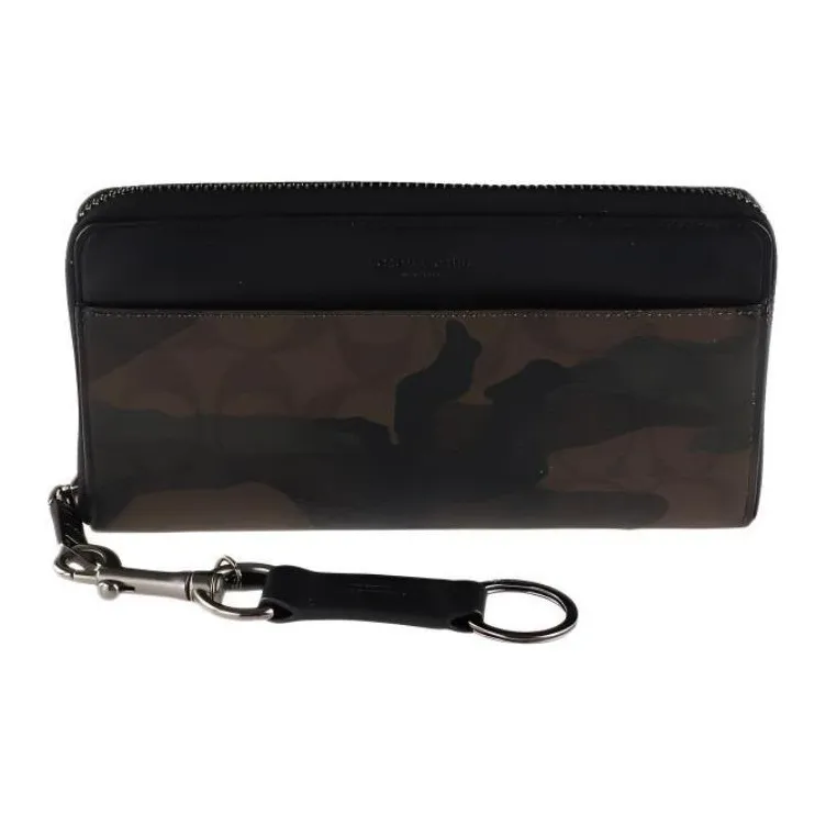 COACH Accordion Zip Canvas Leather Wallet Storage Bag, Clutch Small Size Men's Green Camouflage & Black-1
