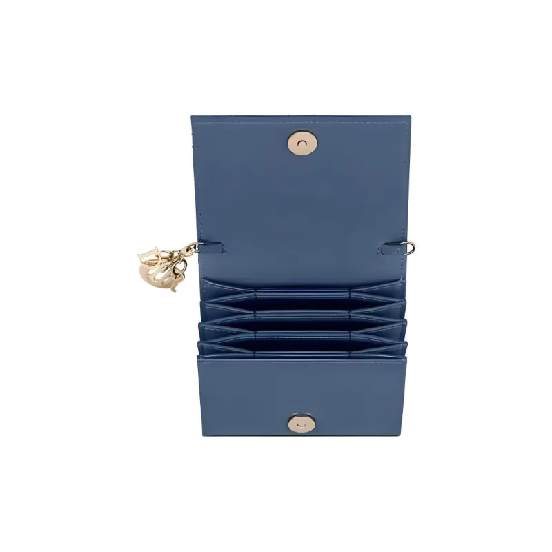 DIOR Lady Dior Patent Leather Cow Leather Card Holder Regular Women's Single Denim Blue-3