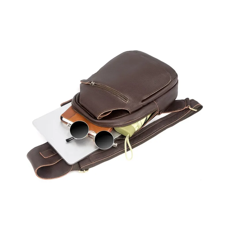 DOSRFINI Cow Leather Sling Bag Men's Litchi Pattern Black/Litchi Pattern Chocolate-4