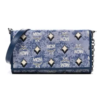 MCM Aren Jacquard Textile, Leather Trim Chain Wallet, Shoulder Bag, Crossbody Bag Large Size Women's Blue