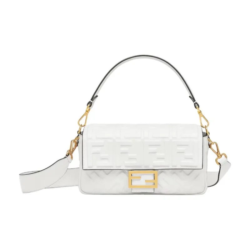 FENDI Baguette Calfskin Shoulder Bag, Crossbody Bag, Handbag Medium Size Women's White-0