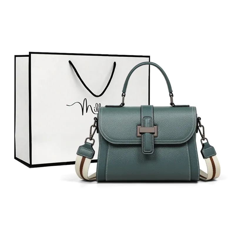 MILLIE'S Cow Leather Patchwork Synthetic Leather Shoulder Bag Crossbody Bag Medium Size Women's Light Blue/Black/Coffee-0