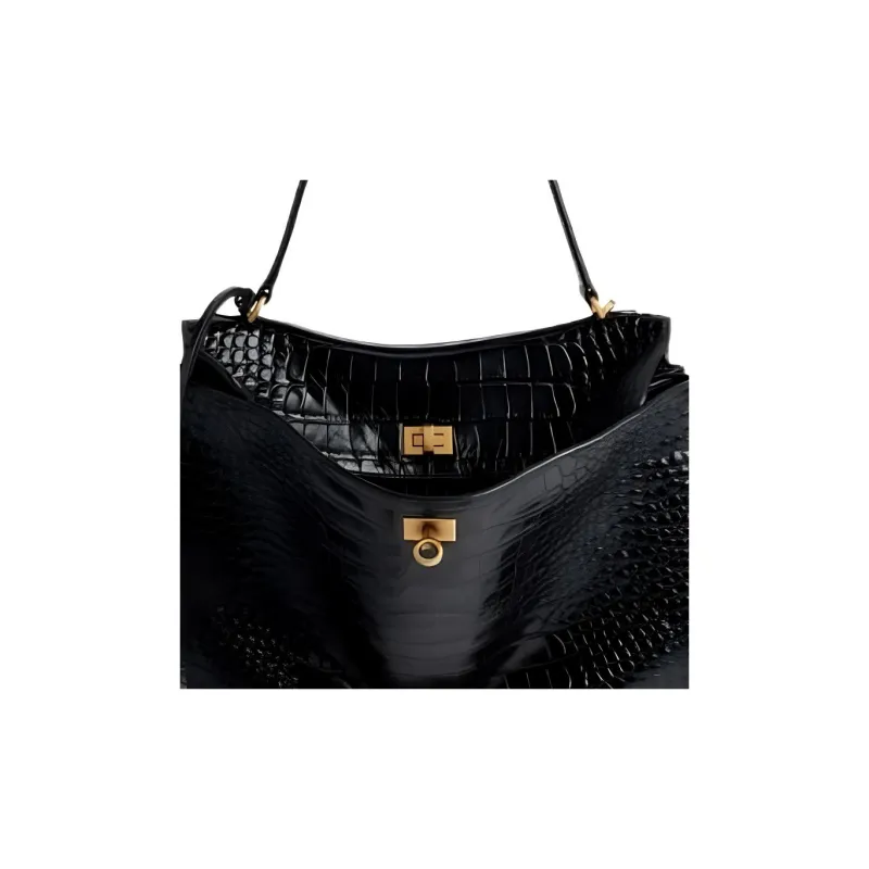 Balenciaga Crocodile Embossed Calfskin One Shoulder Handbag Medium Size Women's Black-1