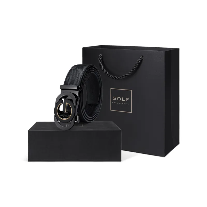 GOLF Top Grain Cow Leather Automatic Buckle Belt Men's Black Gold/Black Silver Width  3.5cm-21