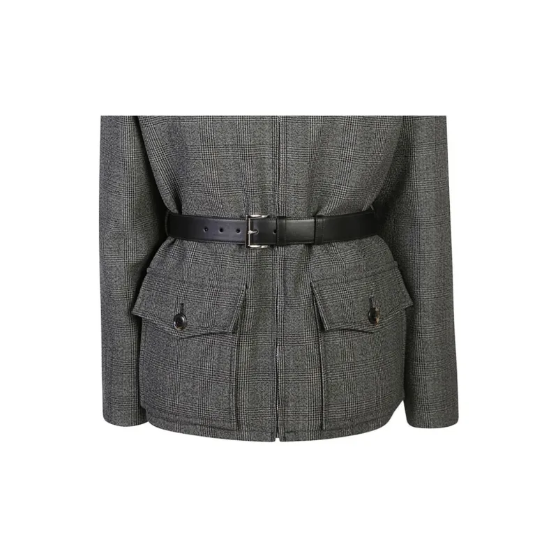 PRADA Triangle-Logo Belted Checked Jacket-3
