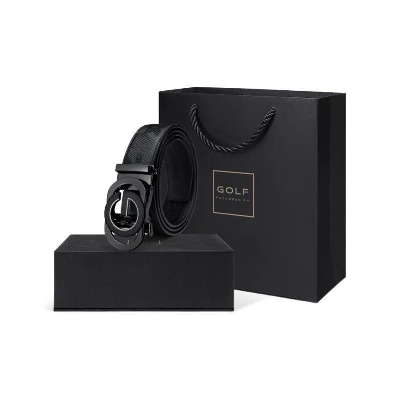 GOLF Top Grain Cow Leather Automatic Buckle Belt Men's Black Gold/Black Silver Width  3.5cm-27