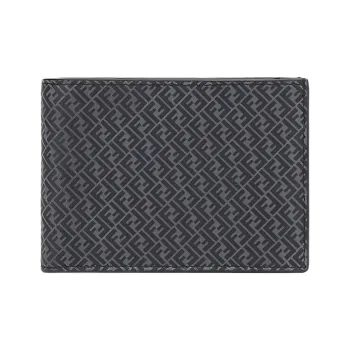 FENDI Calfskin Card Holder Wallet Men's Gray & Black