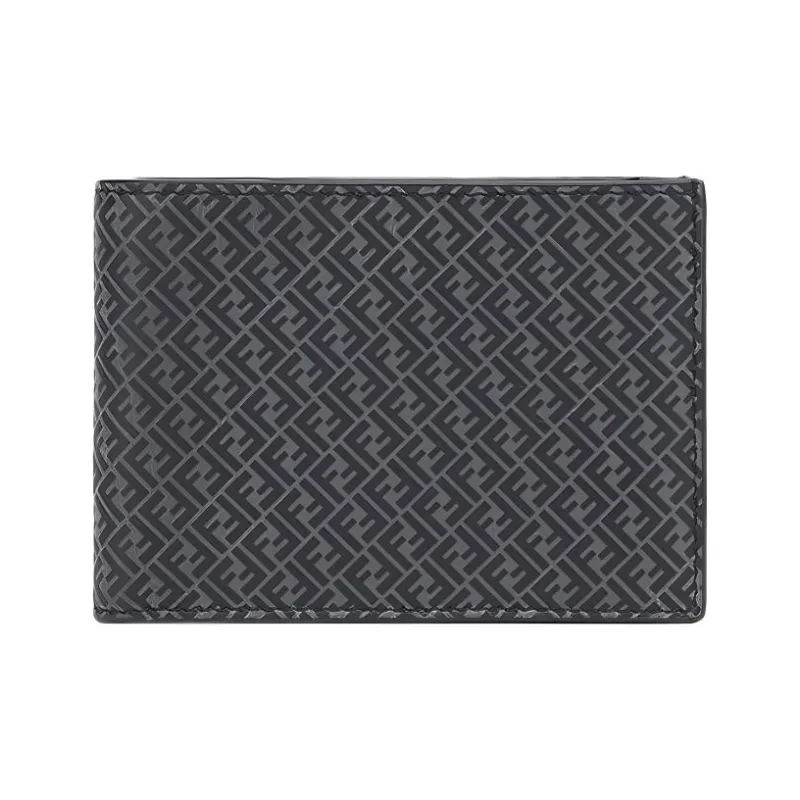 FENDI Calfskin Card Holder Wallet Men's Gray & Black-0