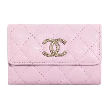 CHANEL Litchi Cow Leather Card Holder Women's Pink Purple