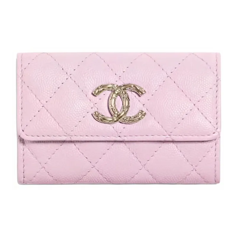 CHANEL Litchi Cow Leather Card Holder Women's Pink Purple-0