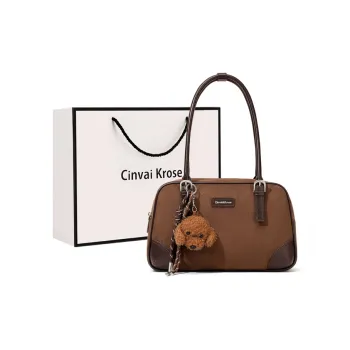 Simvay Clos Fabric With Synthetic Leather Shoulder Bag Bowling Bag Medium Size Women's Coffee