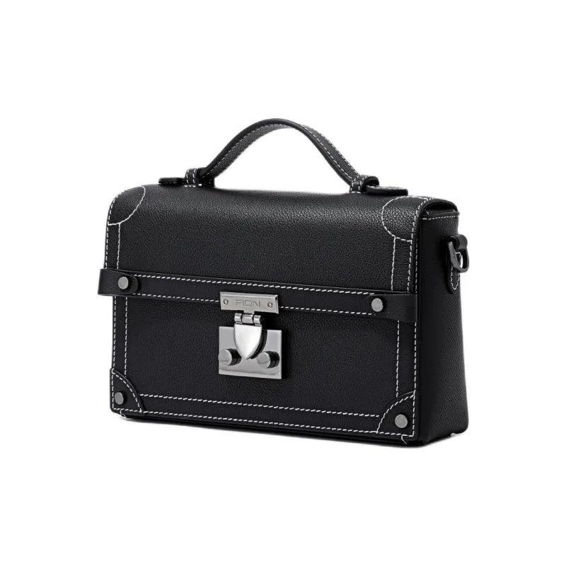 FION Mountain And Sea Journey Series Litchi Cow Leather Shoulder Bags Handbags Large Size Men's Classic Black-1