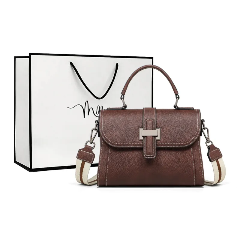 MILLIE'S Cow Leather Patchwork Synthetic Leather Shoulder Bag Crossbody Bag Medium Size Women's Light Blue/Black/Coffee-6