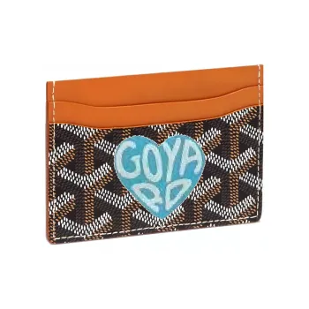 GOYARD Saint-Sulpice Canvas With Calfskin Card Clip Card Holder Unisex Brown With Light Blue Heart Design