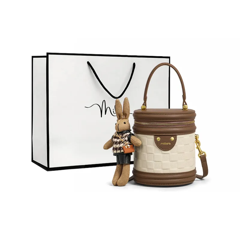 MILLIE'S Cow Leather Bucket Bag, Shoulder Bag, Crossbody Bag, Handbag, Cylinder Bag Regular Women's Ecru-1