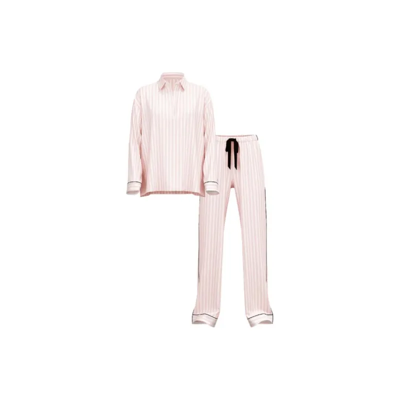 Victoria's Secret Flannel Popover Long Pajama Set / Stripe Pajama Set Women's Pink Stripes-0