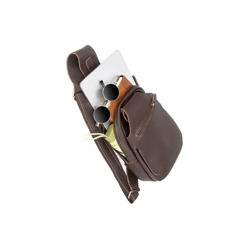 DOSRFINI Cow Leather Sling Bag Men's Litchi Pattern Black/Litchi Pattern Chocolate-3