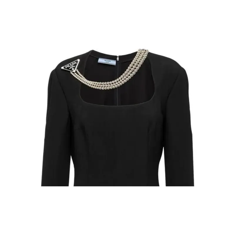 PRADA Long Sleeved Necklace-Embellished Cady Dress-3