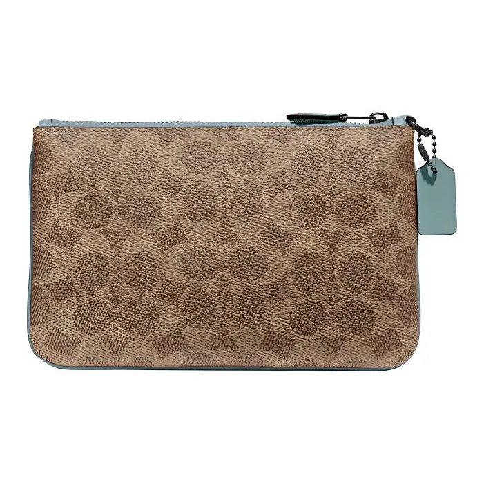 COACH Wristlet Coated Canvas With Calfskin Coin Purse Clutch Wrist Bag Small Size Women's Khaki With Lake Green Accents-1
