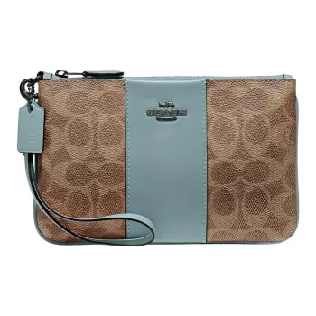COACH Wristlet Coated Canvas With Calfskin Coin Purse Clutch Wrist Bag Small Size Women's Khaki With Lake Green Accents
