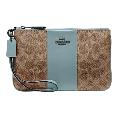 COACH Wristlet Coated Canvas With Calfskin Coin Purse Clutch Wrist Bag Small Size Women's Khaki With Lake Green Accents