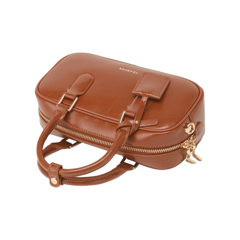 YEARCON Synthetic Leather Handbag Bowling Bag Small Size Women's Brown-2