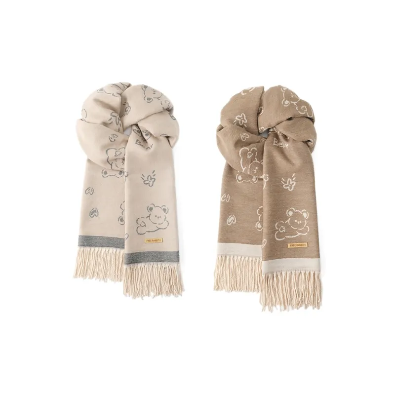 FREE RABBITⅡ Korean Style Double Sided Jacquard Fashion Warm Thickened Fringe Shawl Scarf Unisex-15