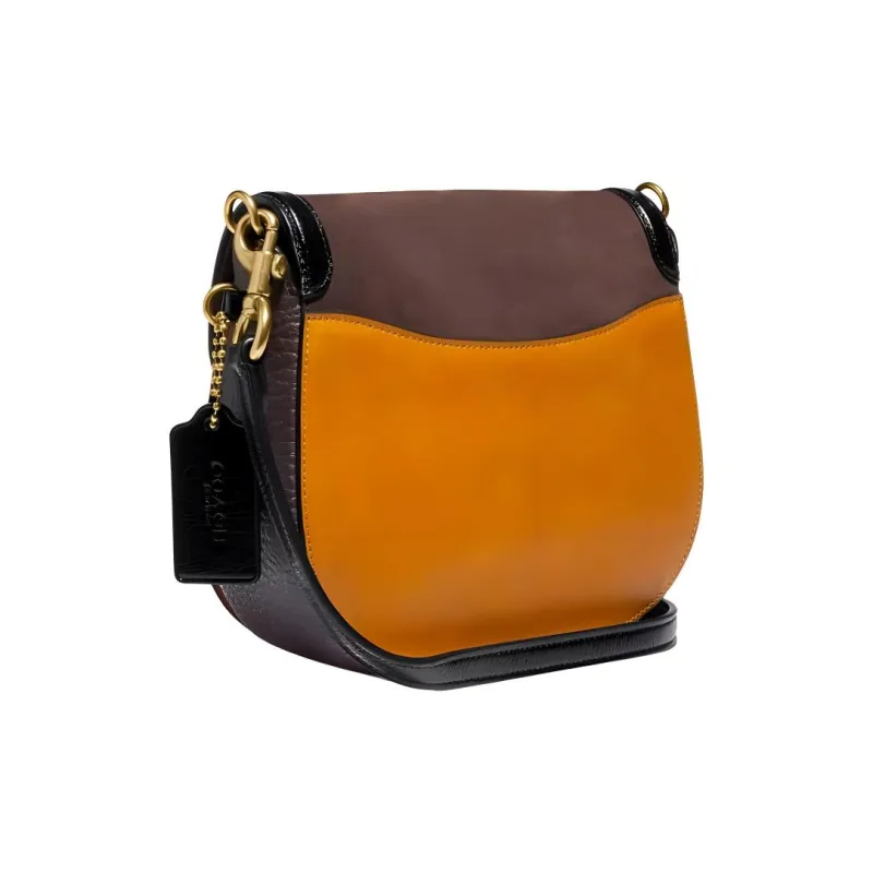 COACH Kat Leather Saddle Bag, Shoulder Bag, Crossbody Bag Small Size Women's Mixed Orange And Yellow Color Blocking-1