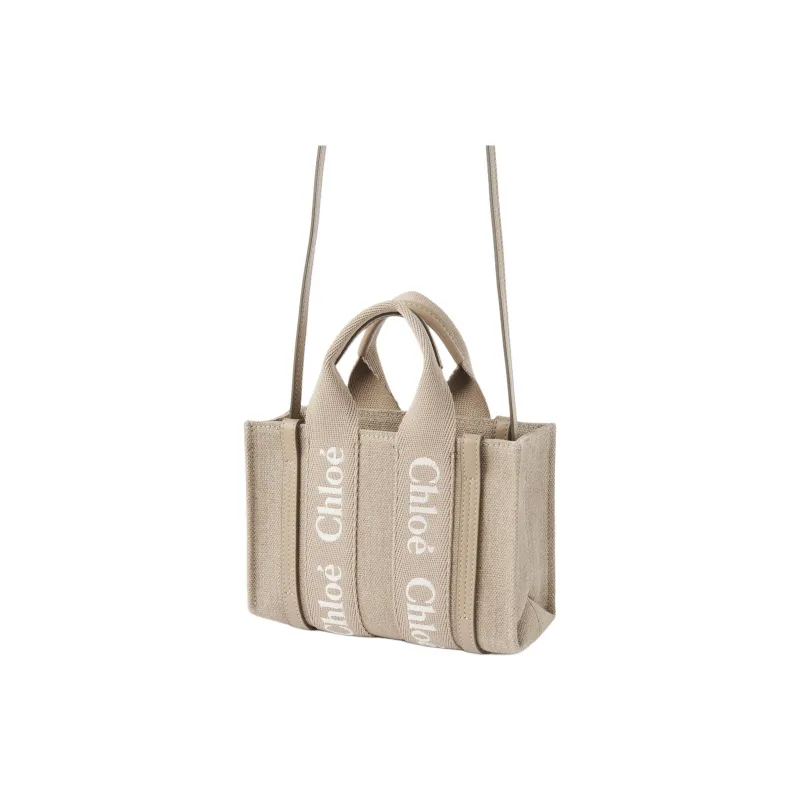 Chloe Woody Linen Canvas Tote Bag Shopping Bag Shoulder Bag Crossbody Bag Handbag Mini Women's Light Brown-2